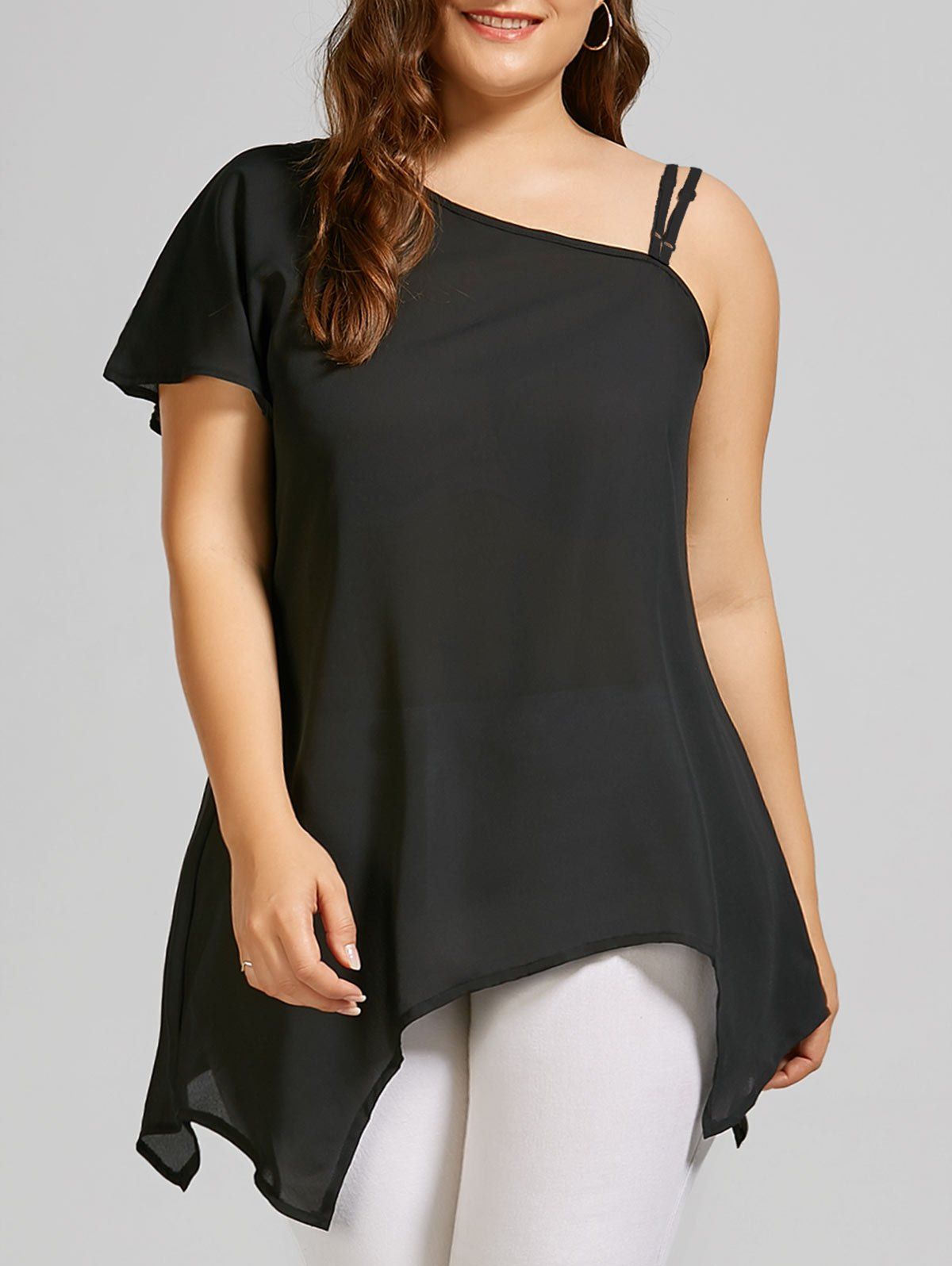

Plus Size Skew Neck Chiffon Asymmetric Top, Black