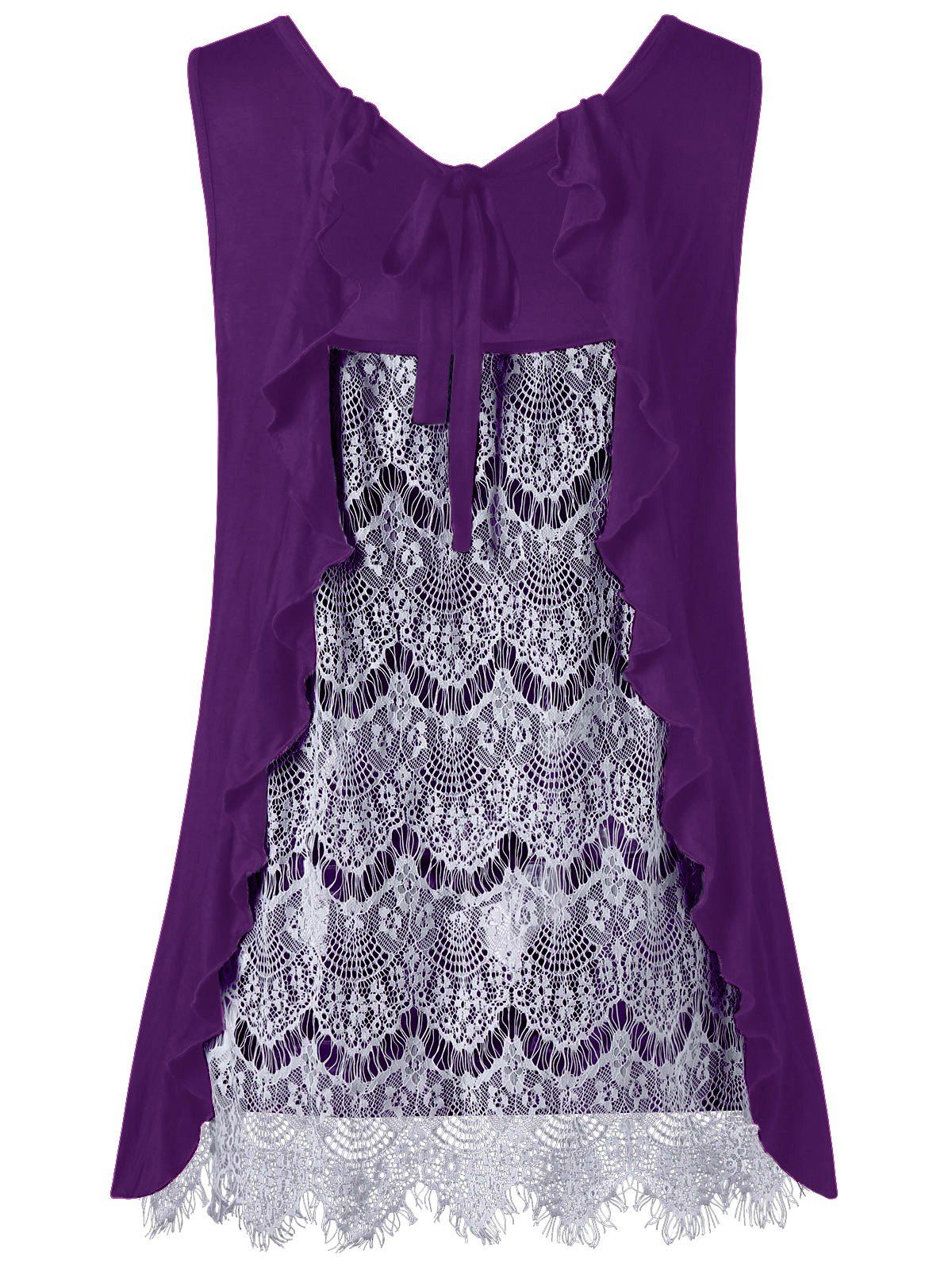 

Ruffle Trim Plus Size Lace Panel Top, Purple