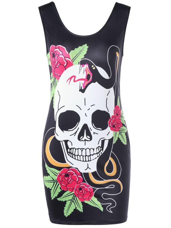 Floral Skull Print Mini Bodycon Dress - Noir L