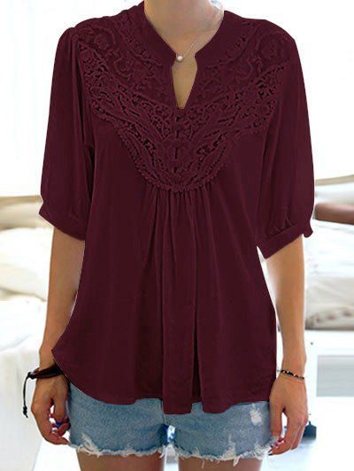 [41% OFF] 2021 Half Sleeve Lace Splicing Blouse In WINE RED | DressLily
