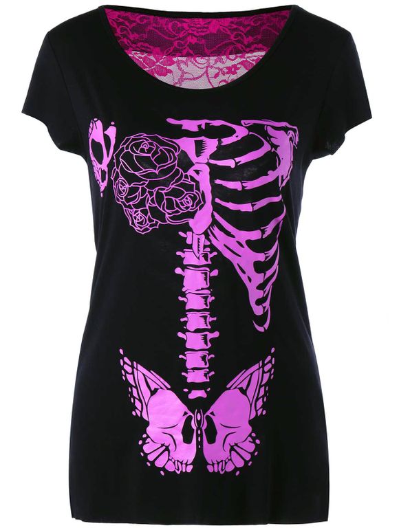 Skeleton Print Cut Out T-shirt à motifs en dentelle - Noir L