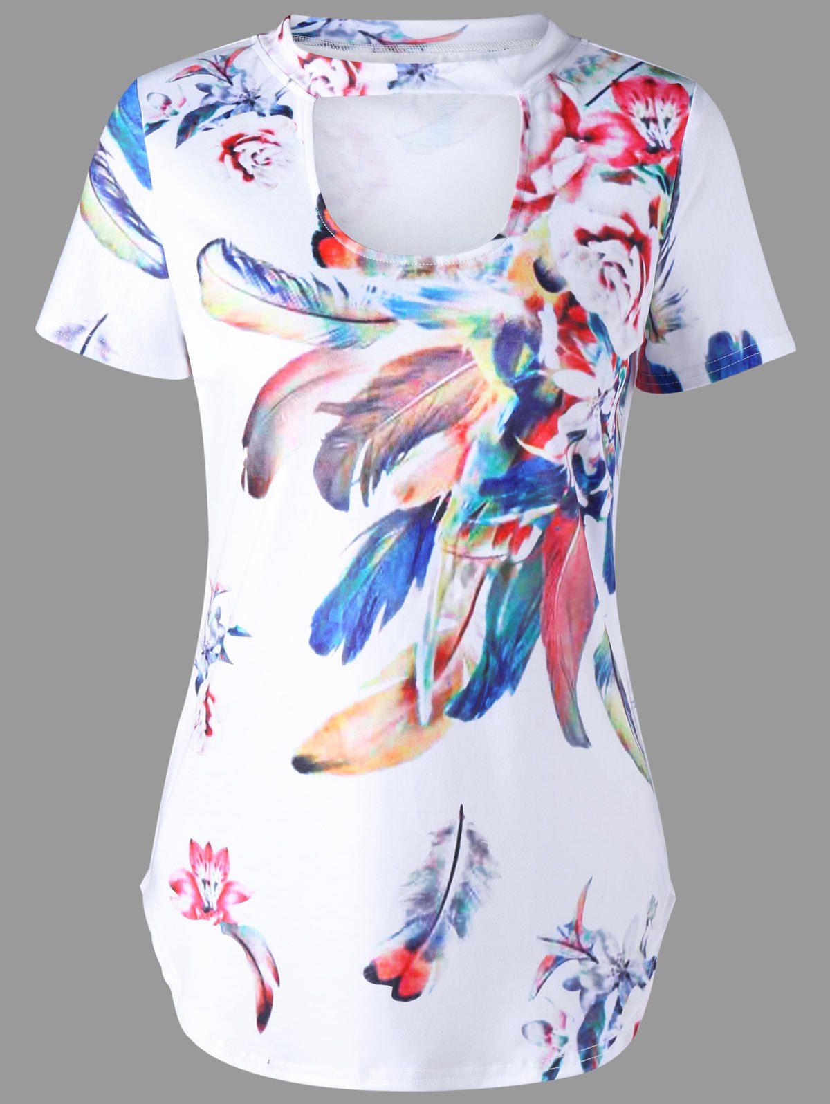 

Keyhole Neck Feather Print T-Shirt, White