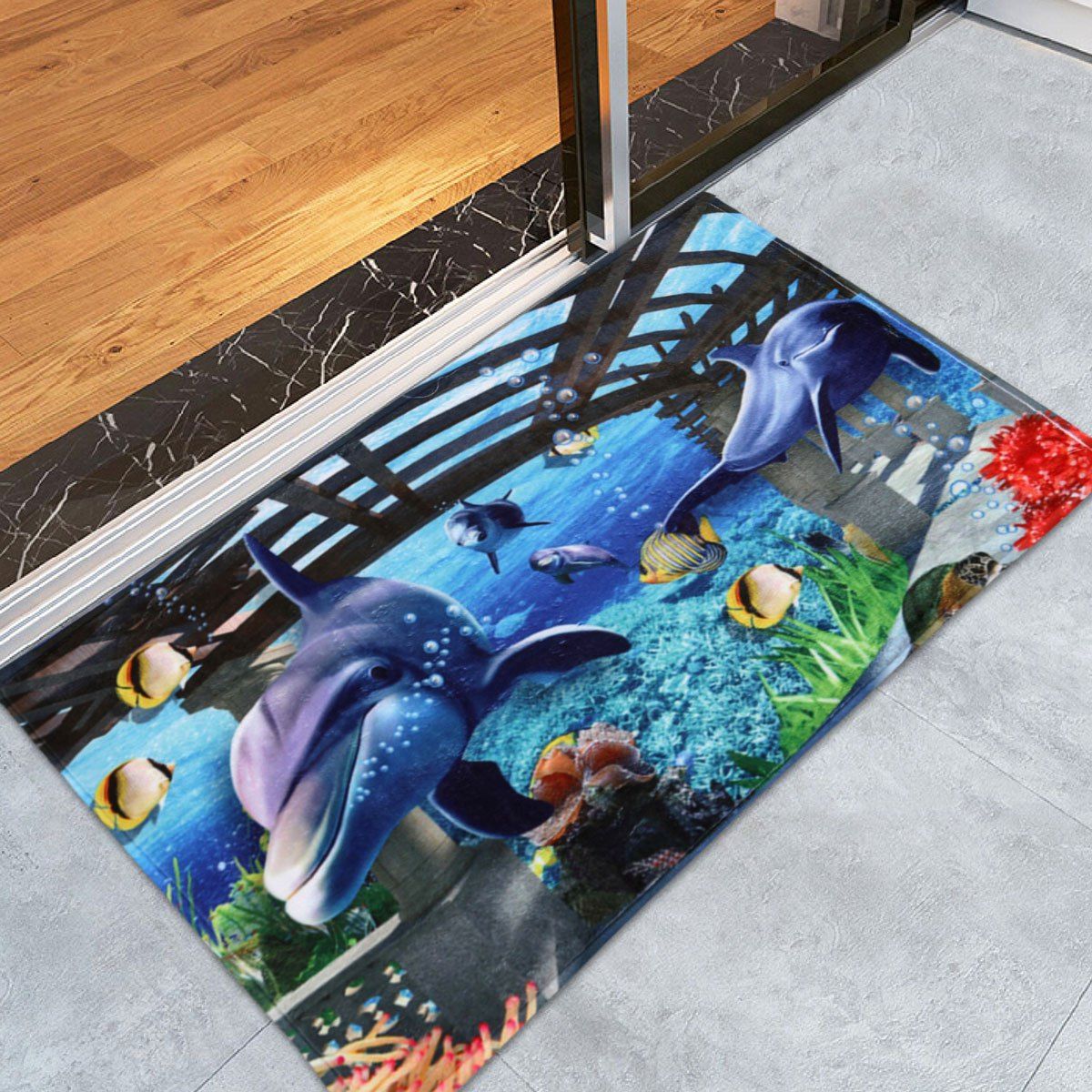 

Water Absorption Coral Fleece Sea World Bath Rug, Blue