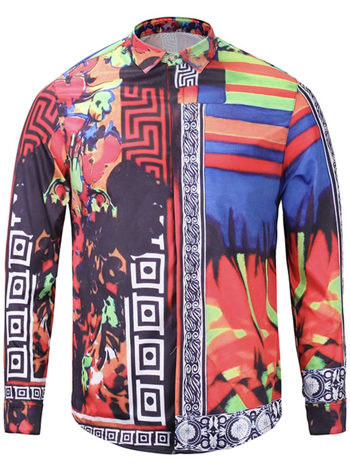 

Color Block Panel Floral Print Cover Placket Shirt, Red