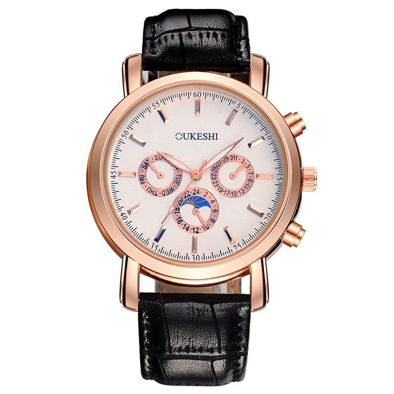 

OUKESHI Number Faux Leather Strap Watch, Black