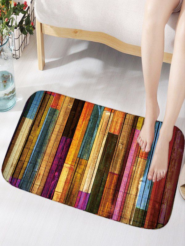 

Colorful Stripes Wood Grain Flannel Bath Rug