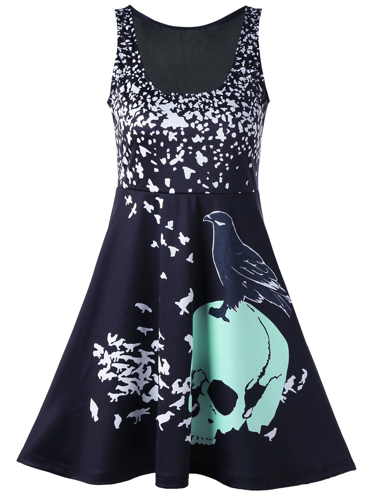 

Skull Bird Print Mini Tank Dress, Black