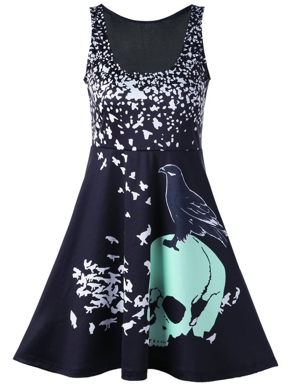 Skull Bird Print Mini Tank Dress - Noir 2XL