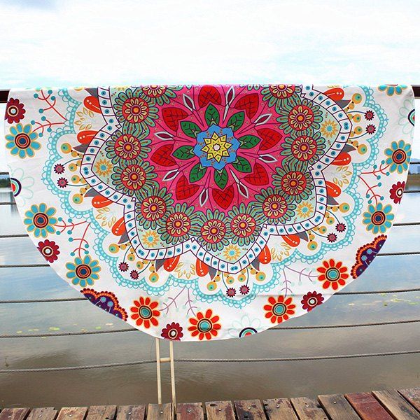 

Boho Floral Printing Round Beach Throw, Beige