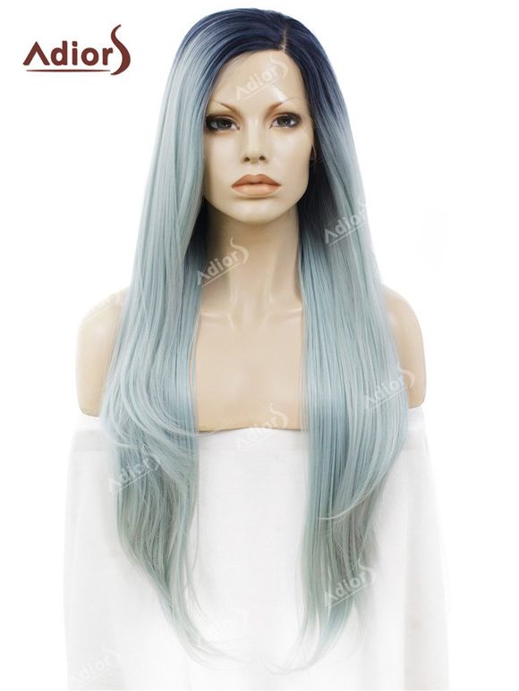 Adiors Long Free Part Straight Ombre Lace Front Synthetic Wig - LIGHT BLUE 