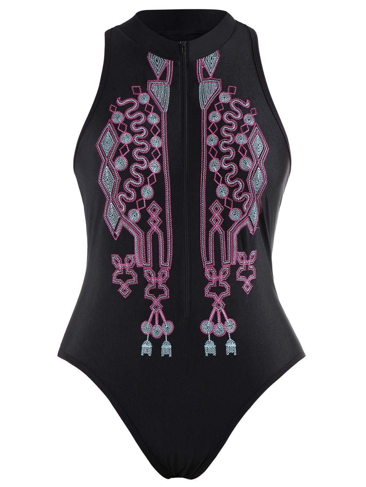 

Zipper Fly Embroidered Plus Size Swimsuit, Black