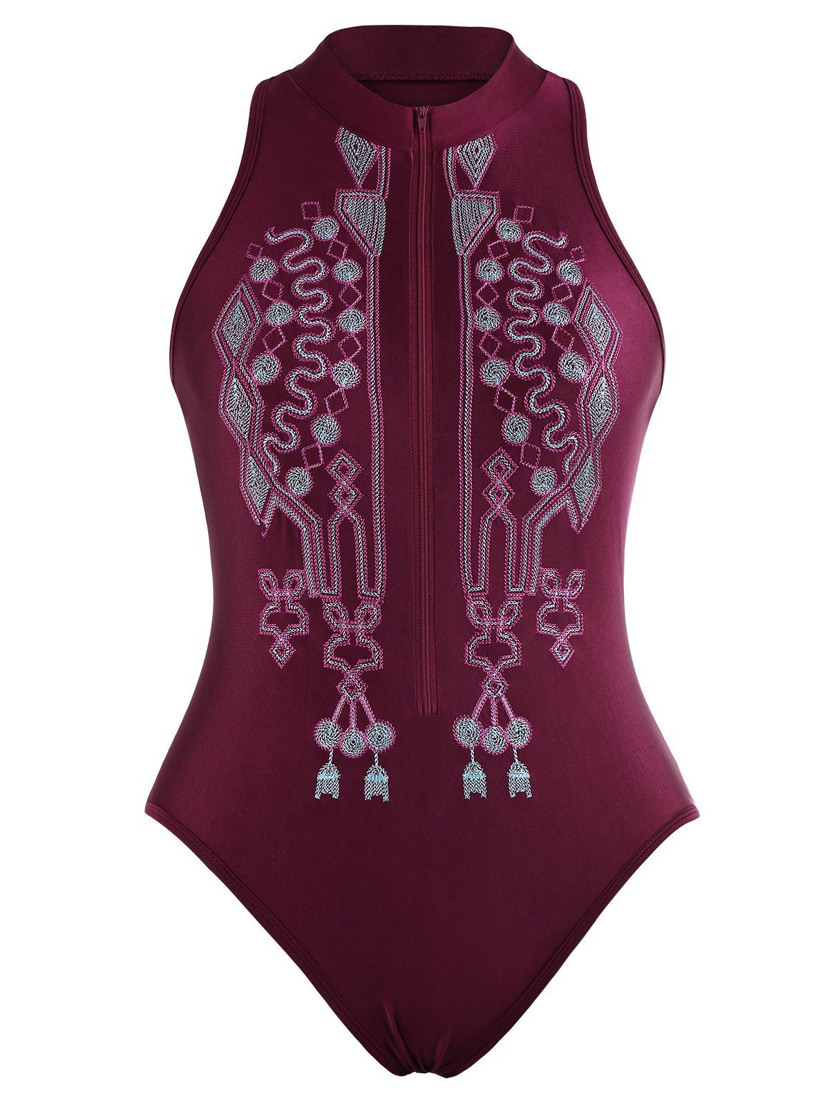 

Zipper Fly Embroidered Plus Size Swimsuit, Wine red
