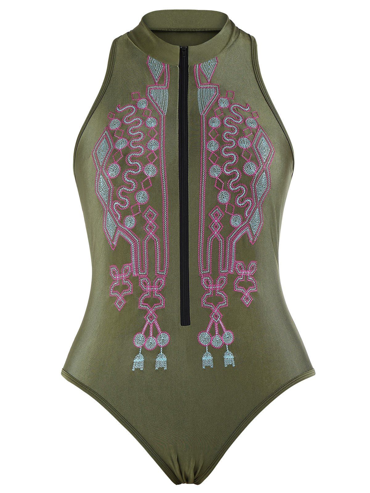 

Zipper Fly Embroidered Plus Size Swimsuit, Blackish green