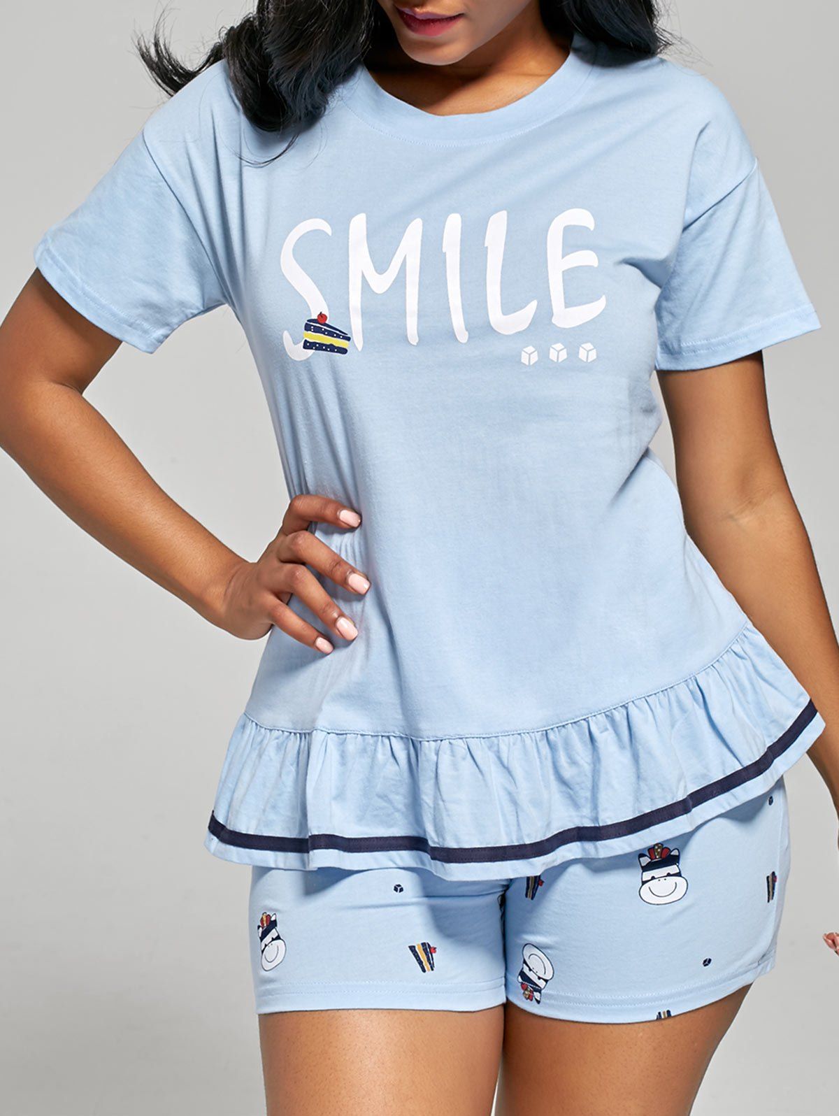 

Printed Flounce Cotton Pajamas Set, Light blue