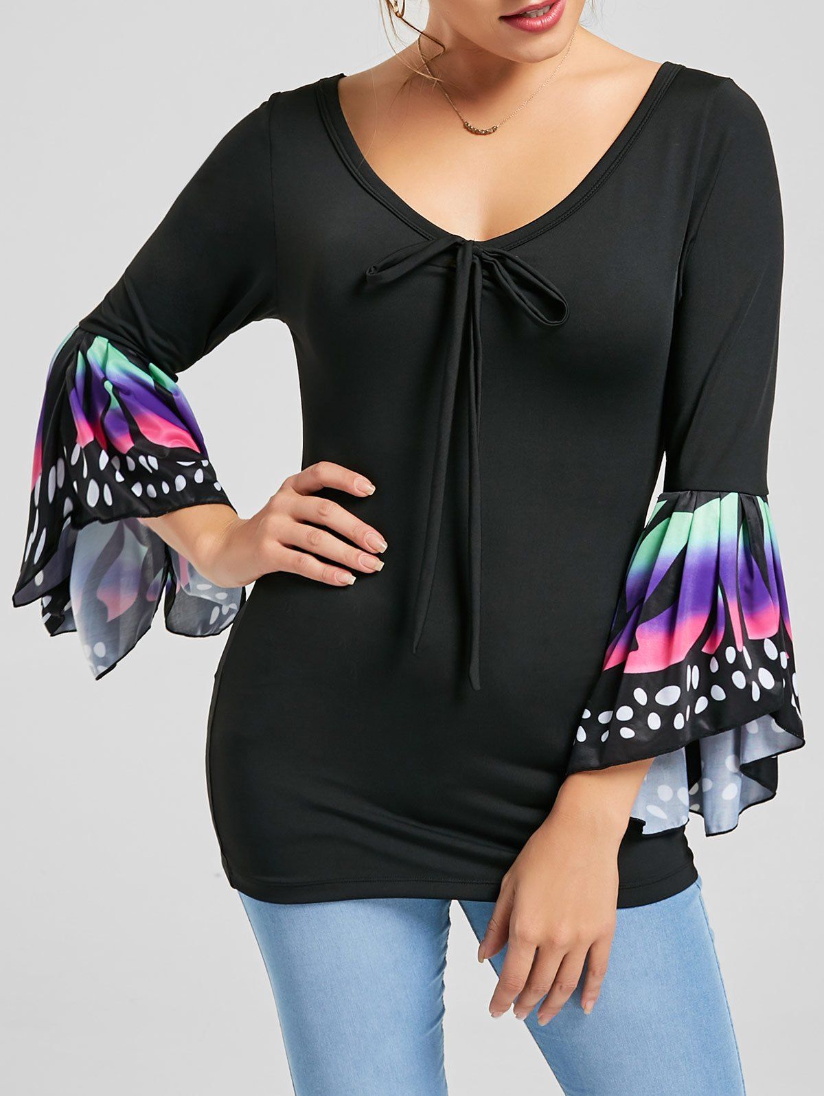 

V Neck Butterfly Print Long Sleeve Top, Black