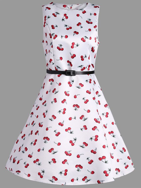Belted Cherry Print Pin Up Dress - Blanc S