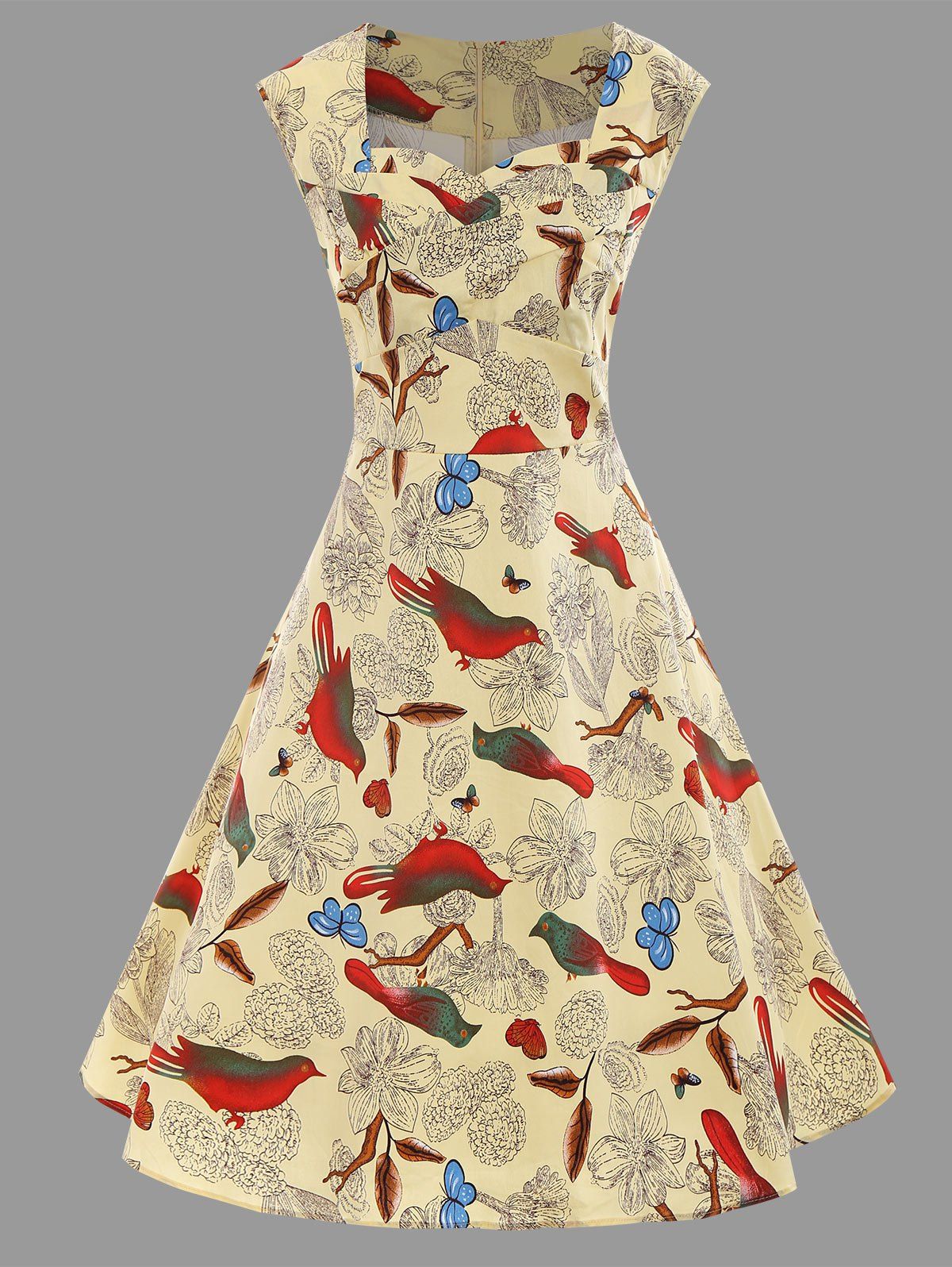 

Floral Bird Print Plus Size A Line Dress, Yellow