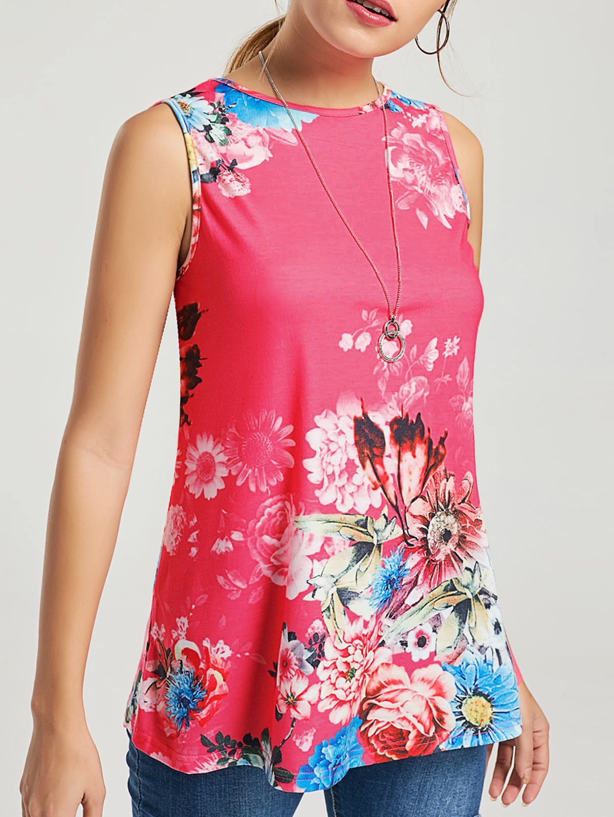 [41% OFF] 2021 Floral Print Sleeveless Tunic Top In DEEP PINK | DressLily