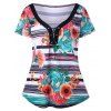 T-shirt Floral Rayé à Lacets Grande Taille - multicolore 4XL