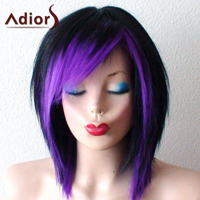 

Short Inclined Bang Ombre Straight Bob Synthetic Wig, Black and purple