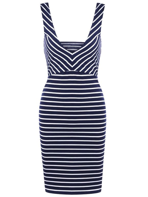 Striped Plunging Neck Open Back Bodycon Dress - Royal XL