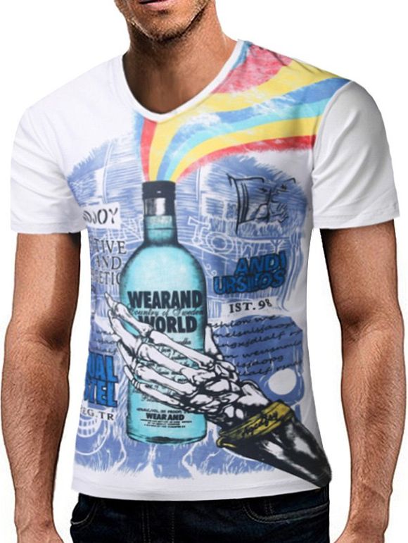 V Neck Graphic Rainbow Skull T-shirt imprimé à main - Blanc XL