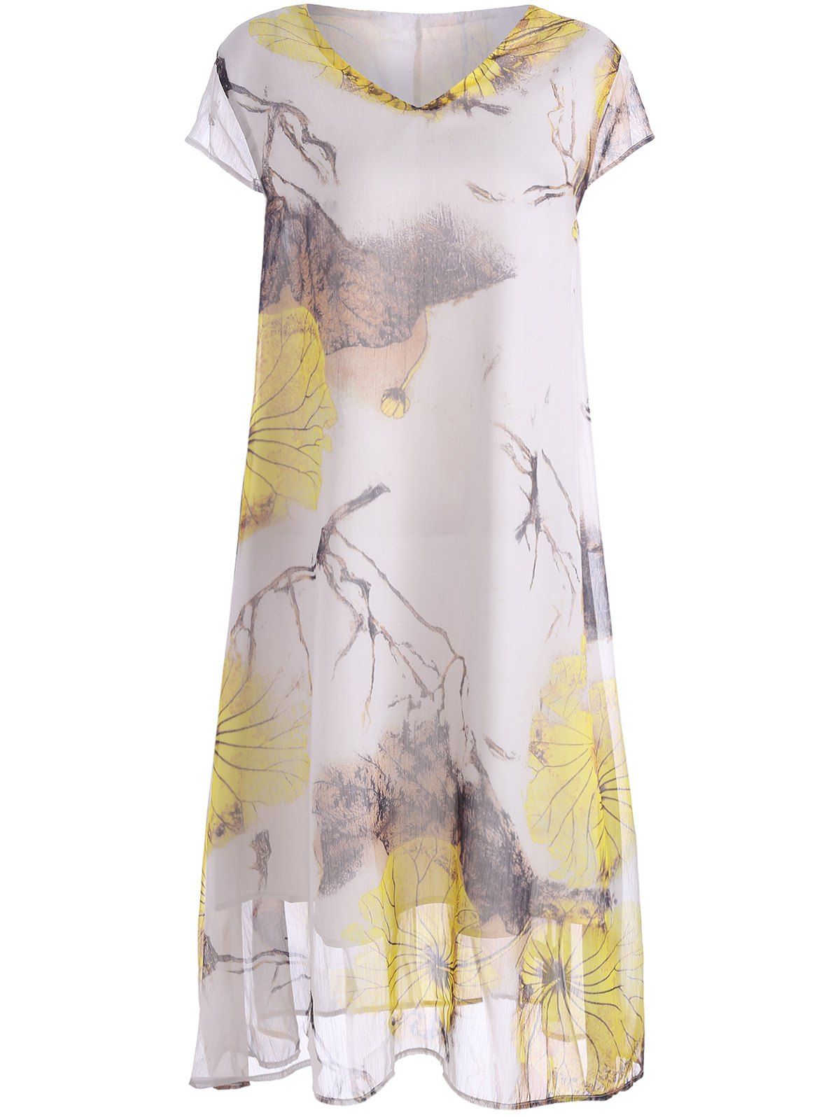 

V Neck Printed Plus Size Midi Dress, Light yellow