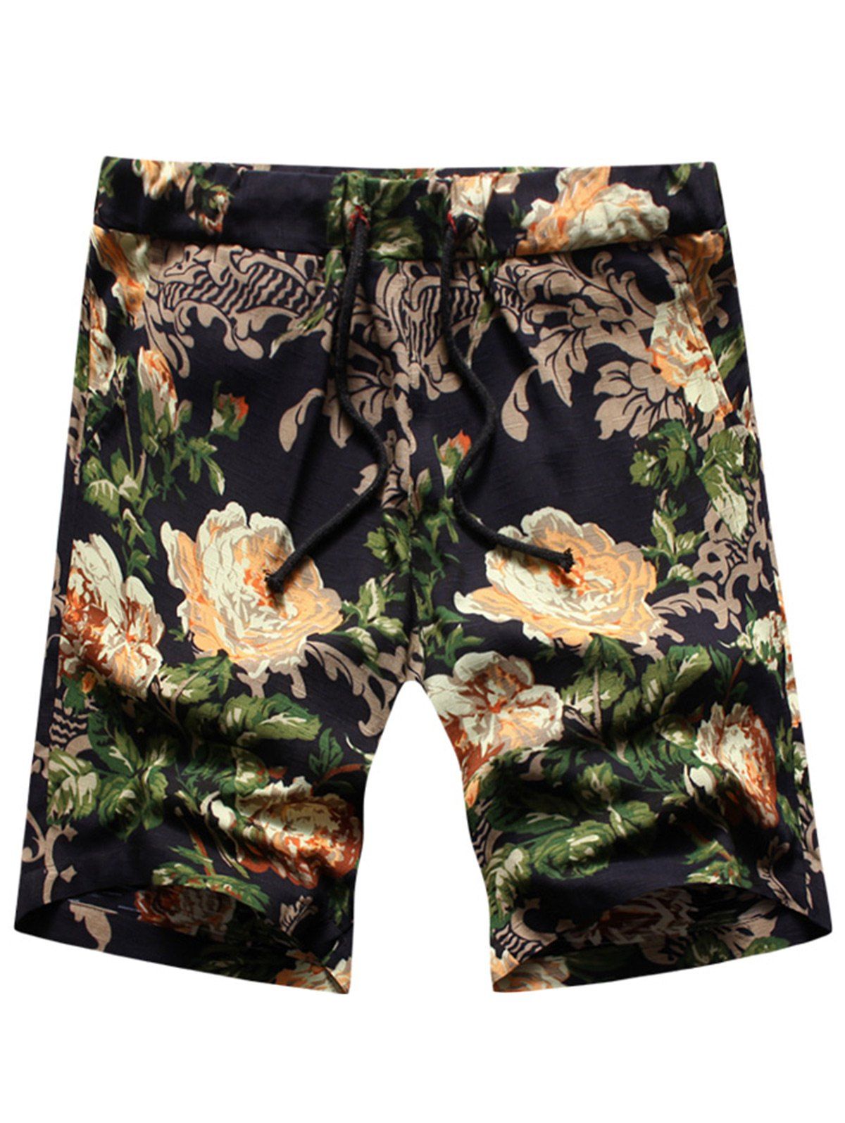 

Drawstring Waist Peony Print Shorts, Black