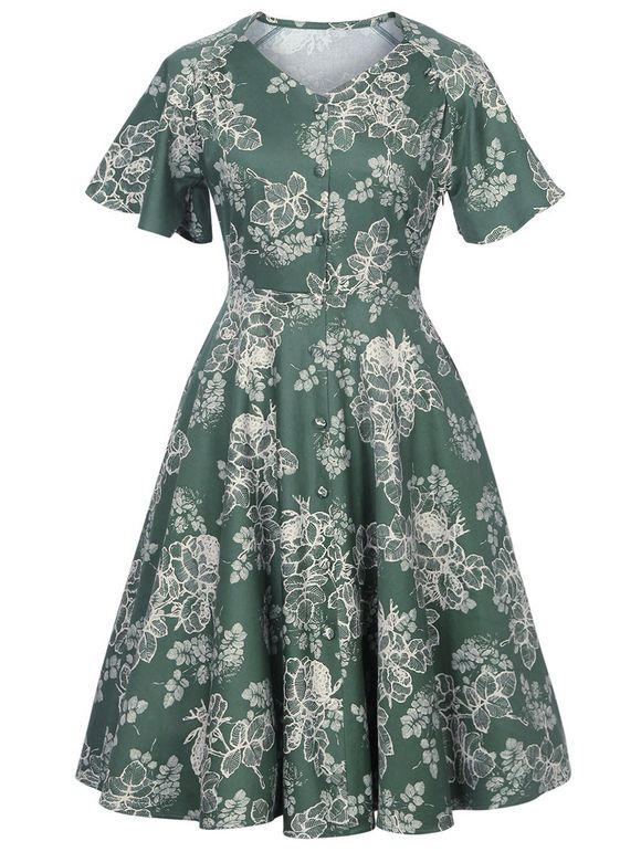 V Neck Floral Button Up Vintage Dress - Vert XL