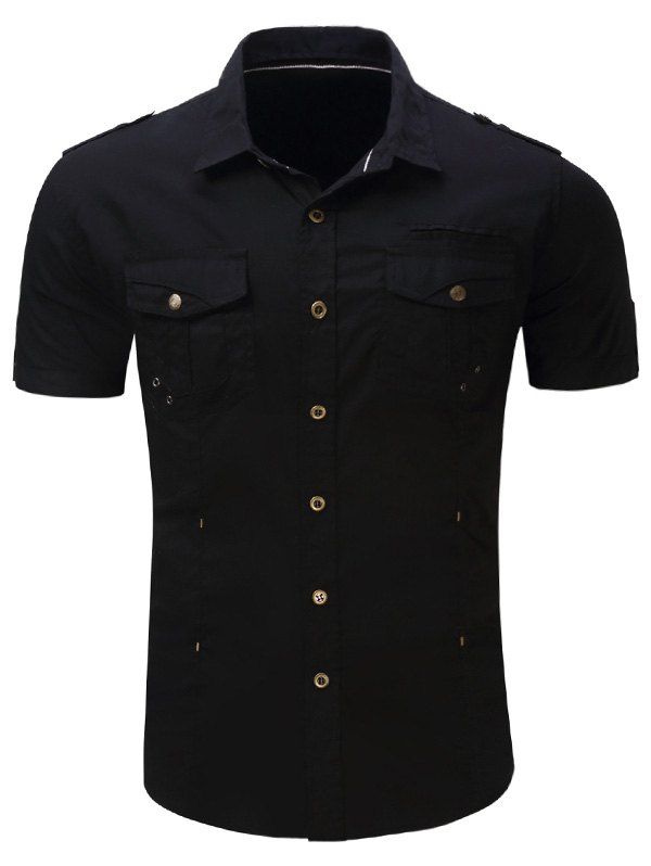 

Multi Pockets Epaulet Short Sleeve Cargo Shirt, Black