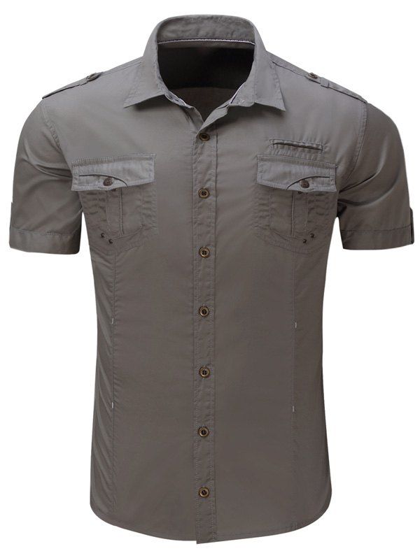

Multi Pockets Epaulet Short Sleeve Cargo Shirt, Gray