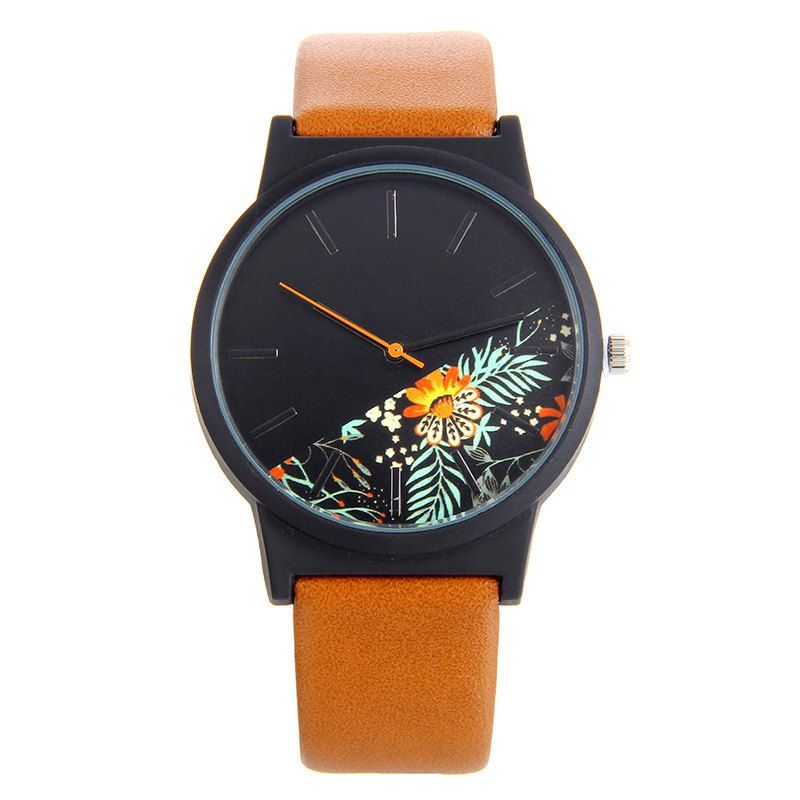 

Faux Leather Watch With Floral Face, Brown