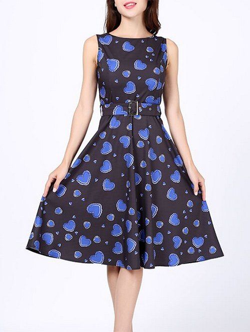 Heart Print Pin Up Party Dress - Bleu XL