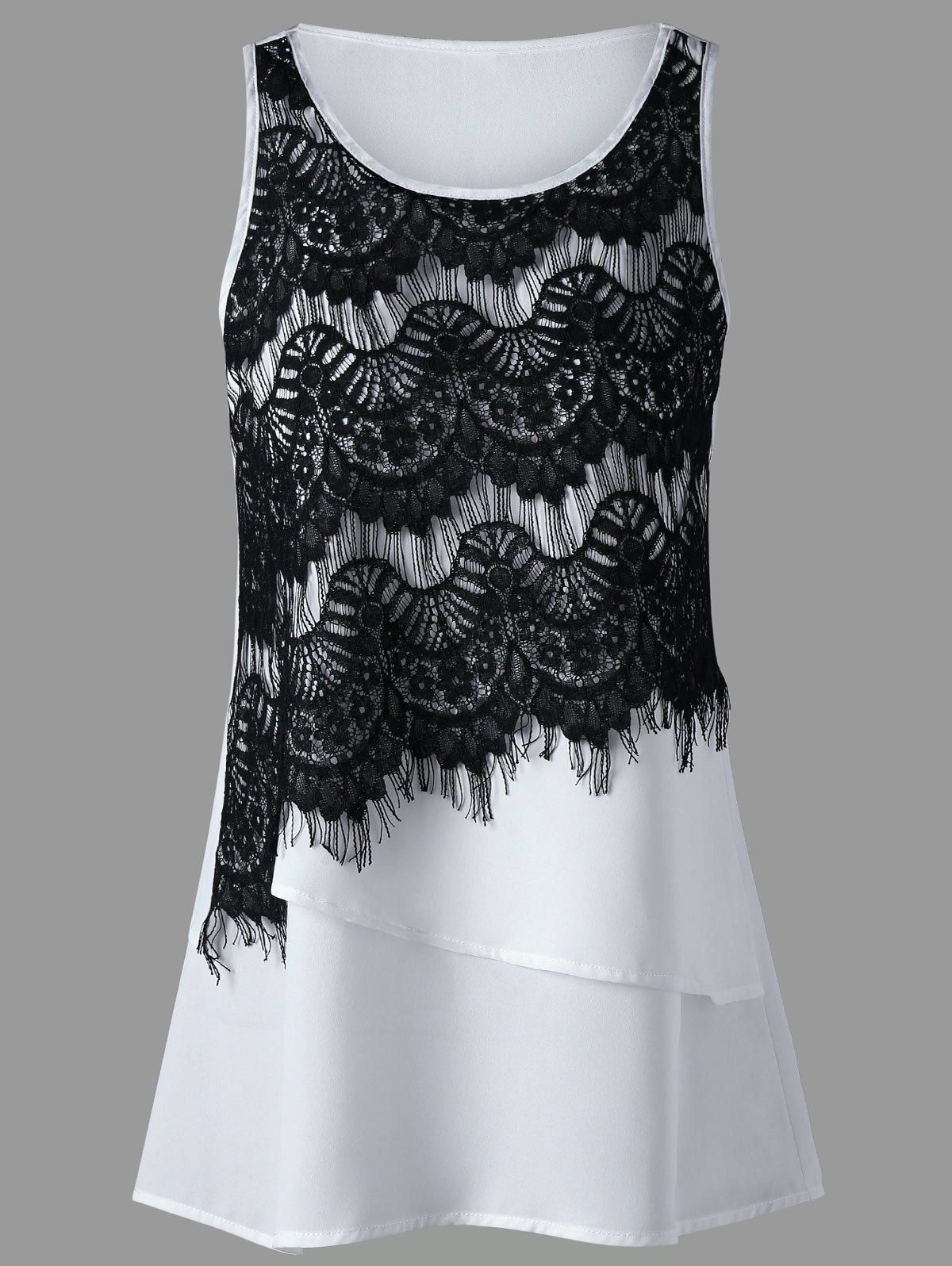 

Eyelash Lace Panel Layered Sleeveless Blouse, White