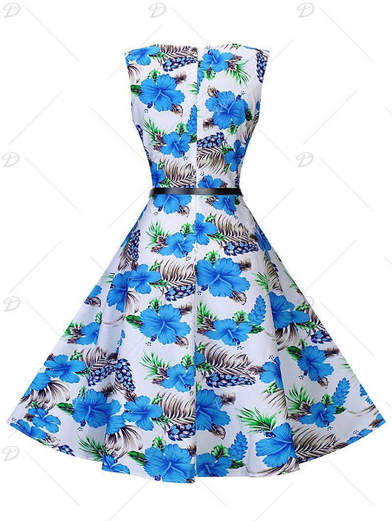 2018 Floral Print High Waist Retro Dress BLUE XL In Vintage Dresses