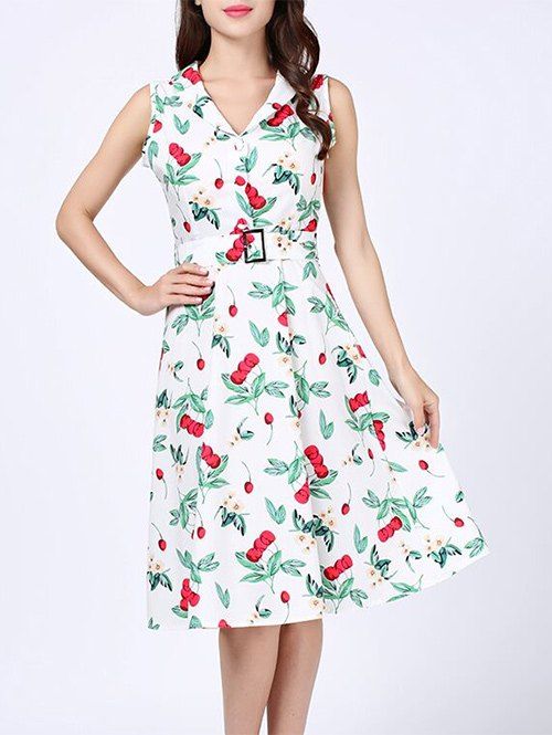 Vintage Cherry Print A Line Dress - Blanc M
