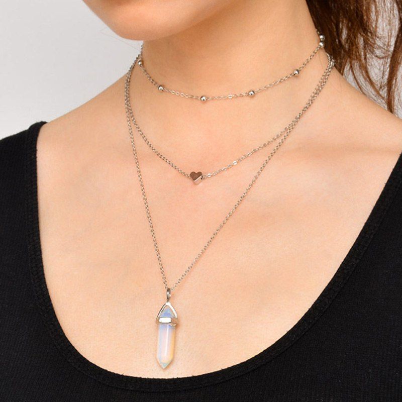 

Heart Natural Stone Collarbone Necklace Set, Silver