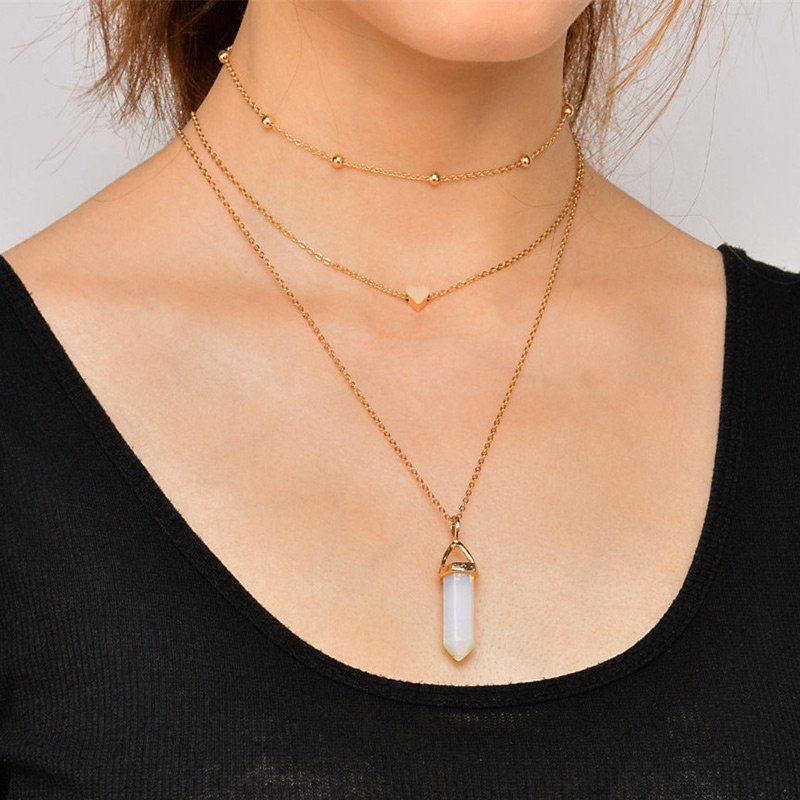 

Heart Natural Stone Collarbone Necklace Set, Golden