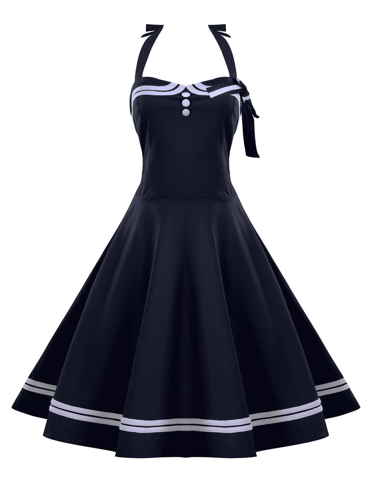 

Button Embellished Plus Size Halter Pin Up Dress, Navy blue