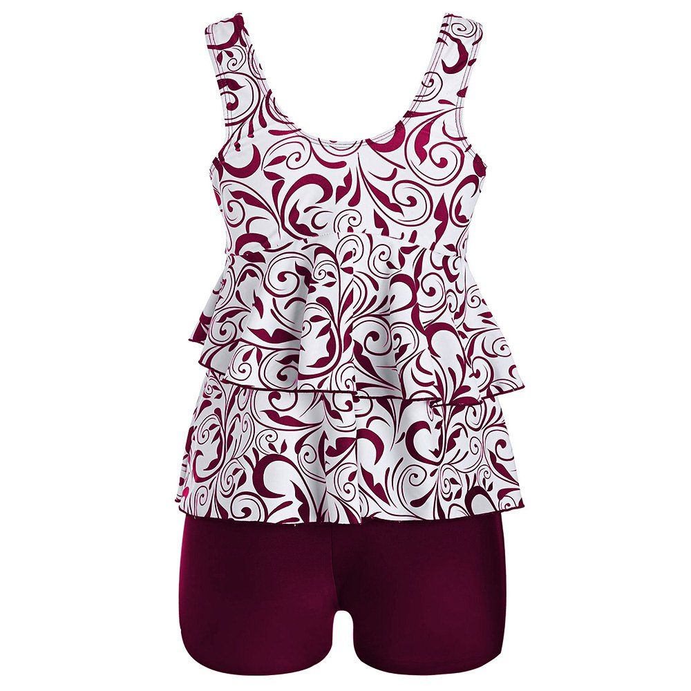 

Plus Size Flounce Printed Tankini Swimwear, Red