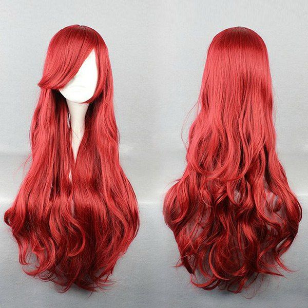 

Long Inclined Bang Layered Wavy Cosplay Anime Synthetic Wig, Red