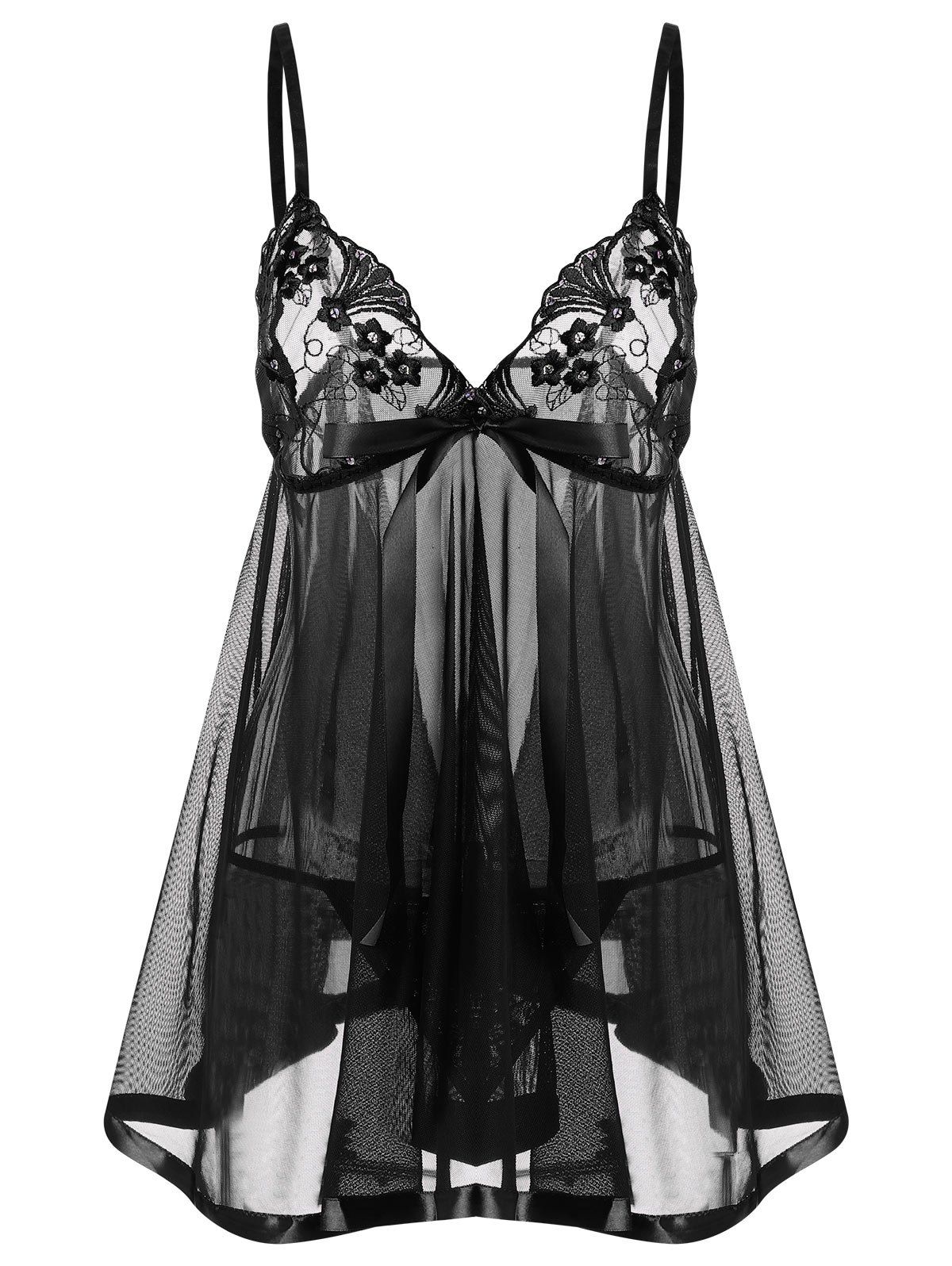 [17% OFF] 2021 Embroidered Sequin Mesh Sheer Slip Babydoll In BLACK ...