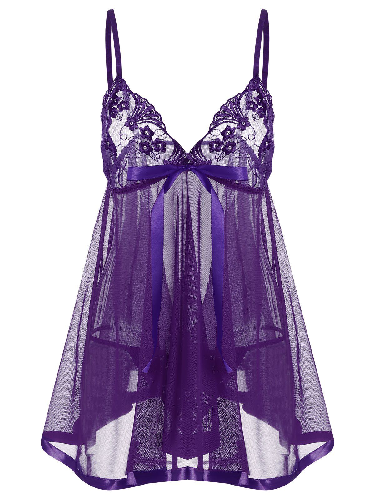 Off Embroidered Sequin Mesh Sheer Slip Babydoll In Purple