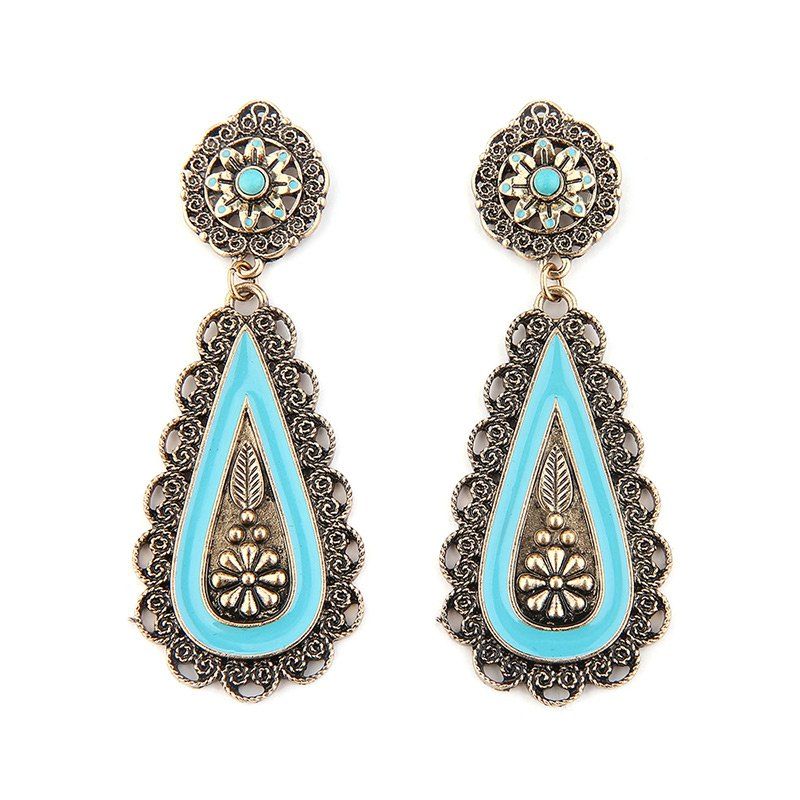 

Faux Turquoise Flower Teardrop Bohemian Earrings, Golden