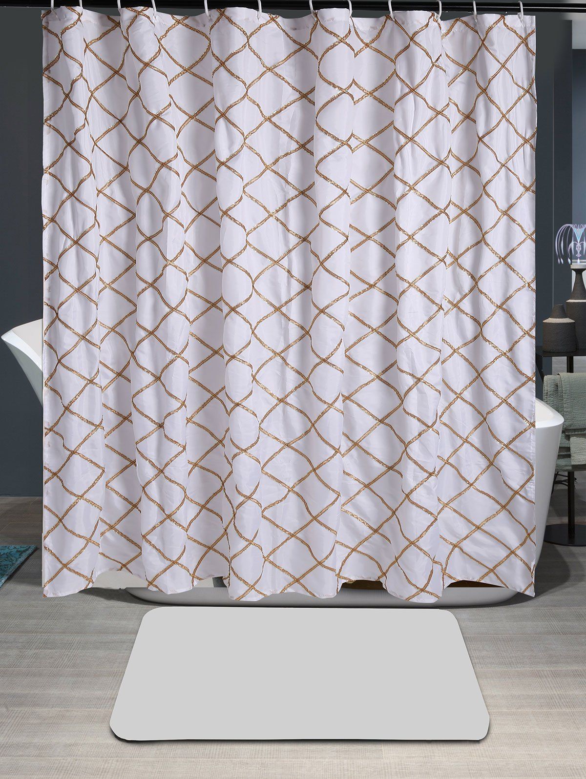 

Plaid Laciness Waterproof Fabric Shower Curtain, Golden