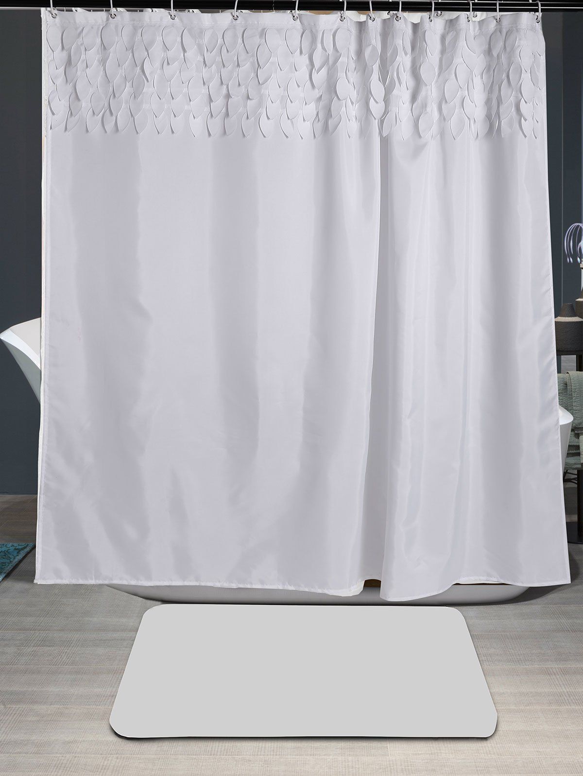 

Leaf Fringed Embellished Fabric Shower Curtain, White