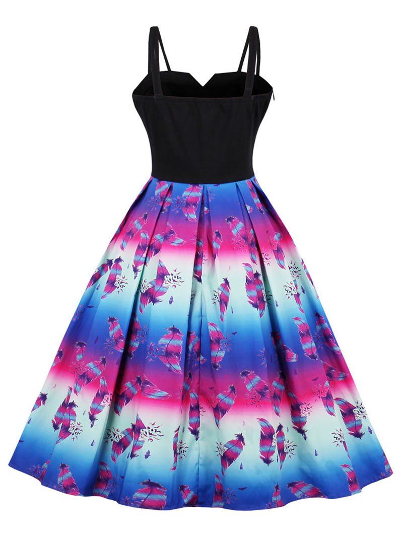 2019 vintage feather print spaghetti strap skater dress