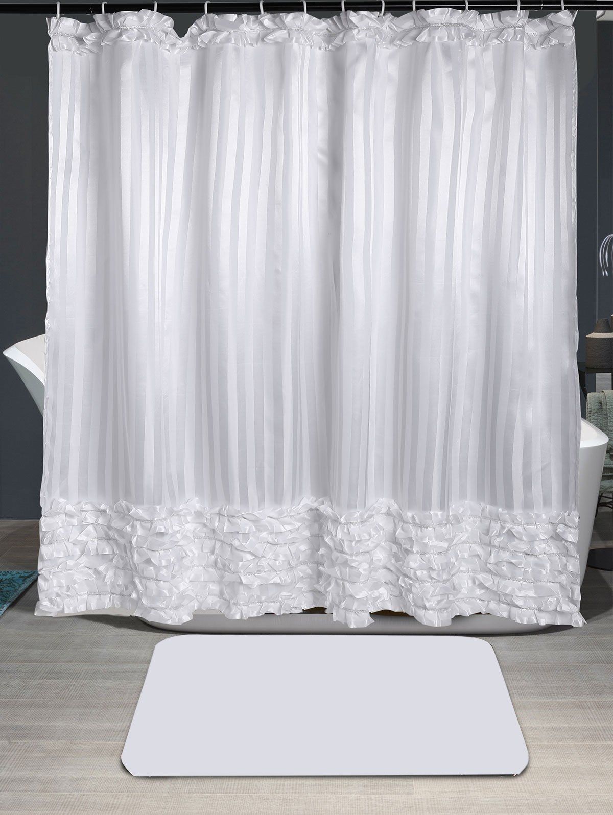 [41 OFF] 2020 Striped Ruffle Waterproof Shower Curtain In WHITE