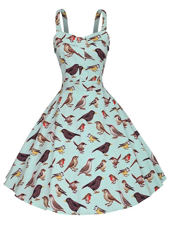 Bird Print Vintage A Line Dress - Vert M