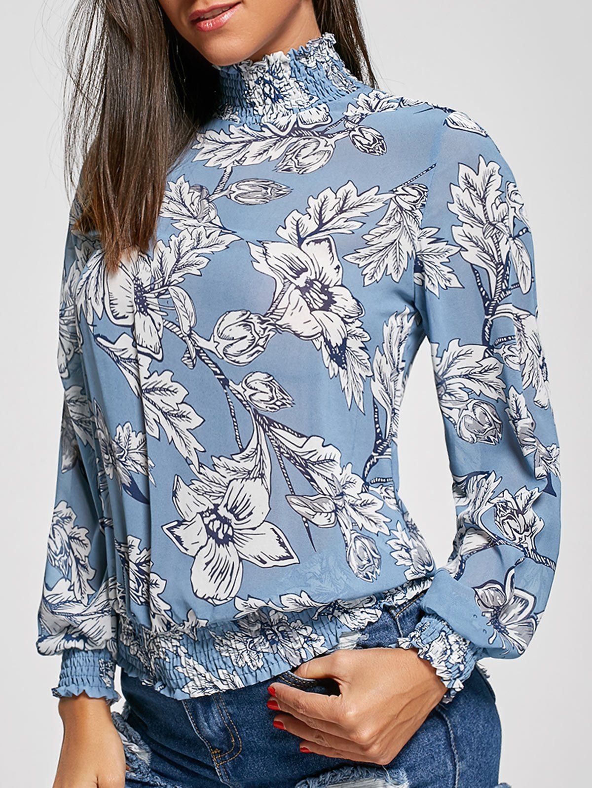 mock neck floral chiffon sleeve top blue l in mock neck floral chiffon sleeve top blue l in